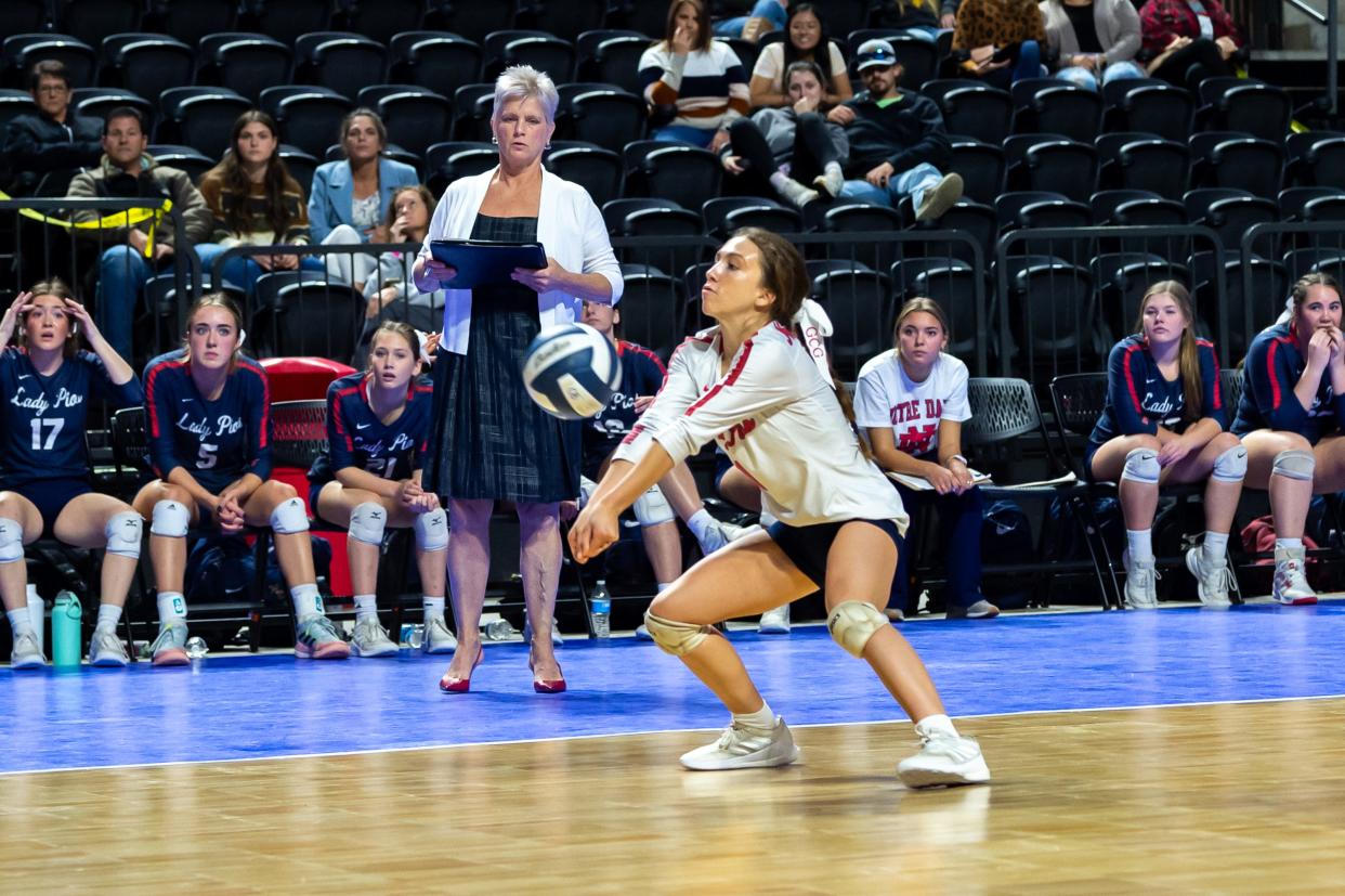 Libero Madison Murrell passing as The Notre Dame Pios take down LCA in the championship match to win the LHSAA Div IV State Championship. Saturday, Nov. 13, 2021.