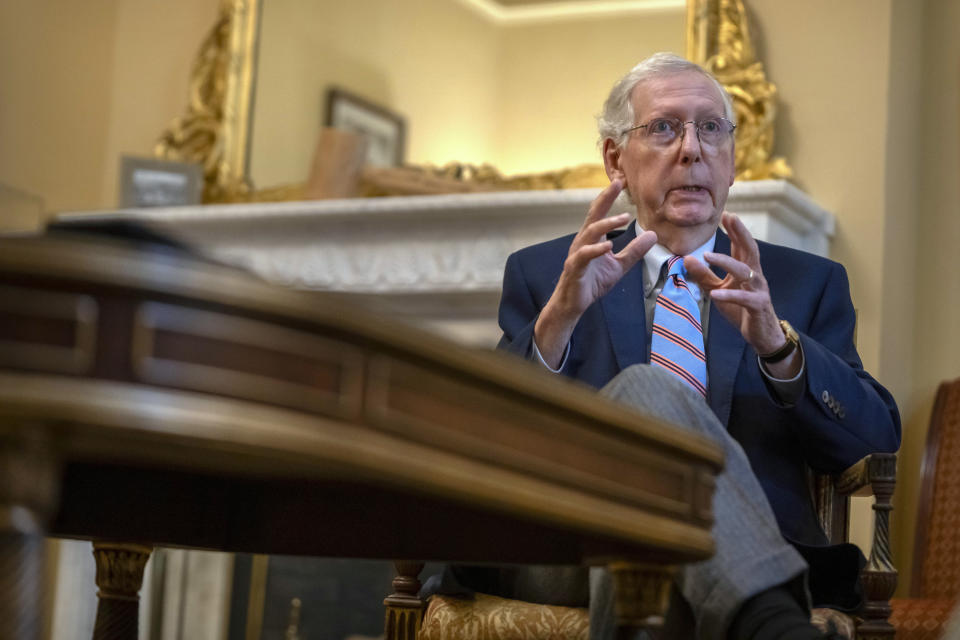 Senate Minority Leader Mitch McConnell of Ky., speaks during an interview with the Associated Press at his office in the Capitol, Monday, Nov. 6, 2023 in Washington. (AP Photo/Mark Schiefelbein)