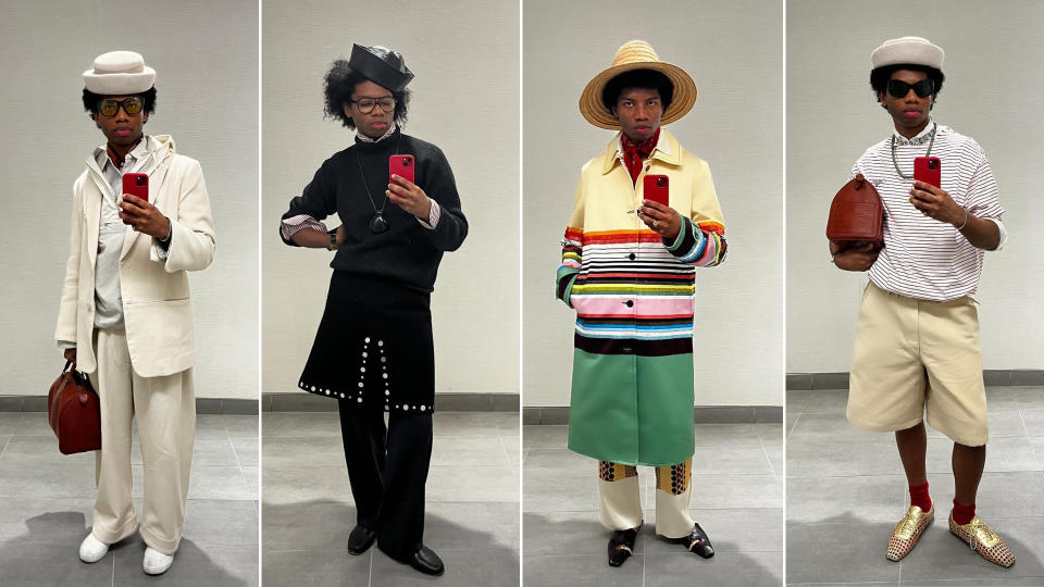 Four images of fashion Substack writer Jalil Johnson in Gigi Burris hats