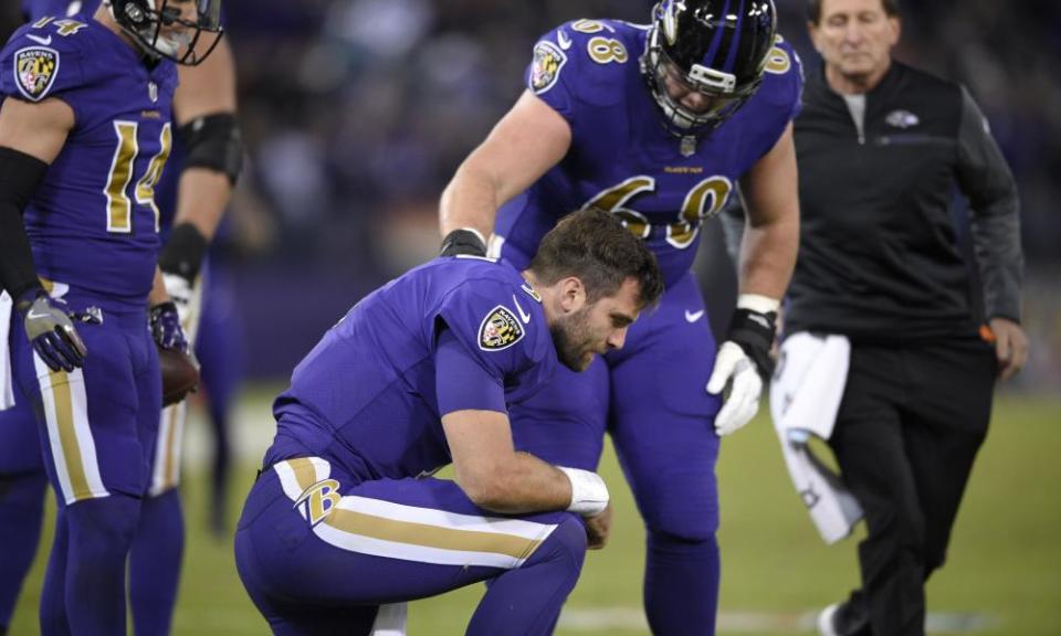 Baltimore Ravens quarterback Joe Flacco was forced off against Miami after a forceful hit by Kike Alonso.