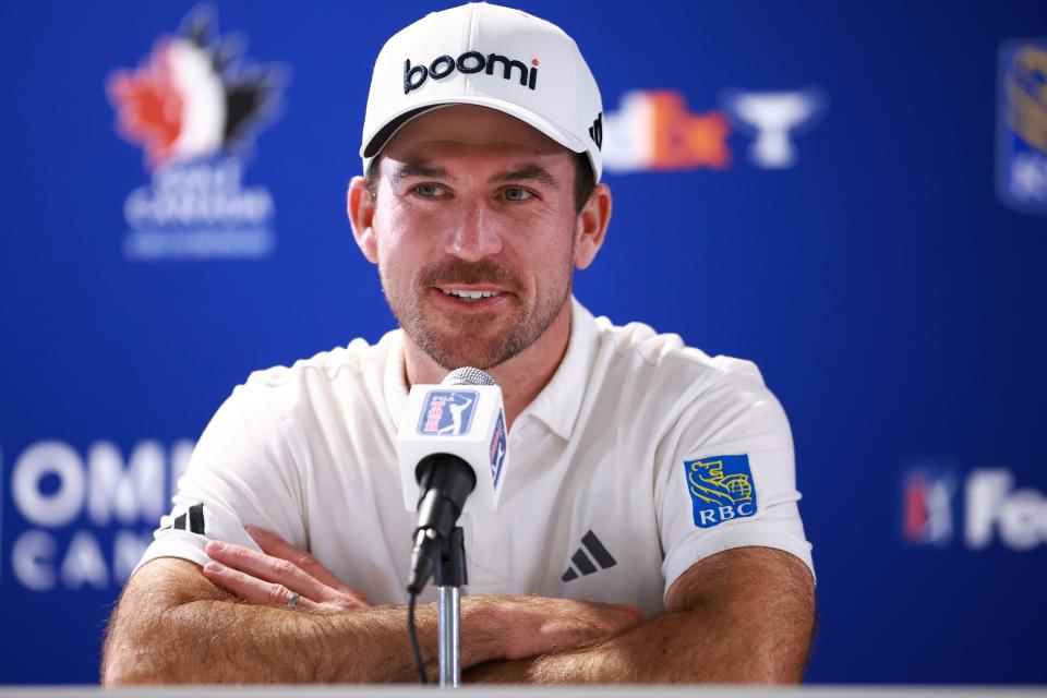 Nick Taylor of Canada talks with the media following the Pro-Am of the RBC Canadian Open at the Hamilton Golf and Country Club on May 29, 2024 in Hamilton, Ontario, Canada. (Photo by Vaughn Ridley/Getty Images)