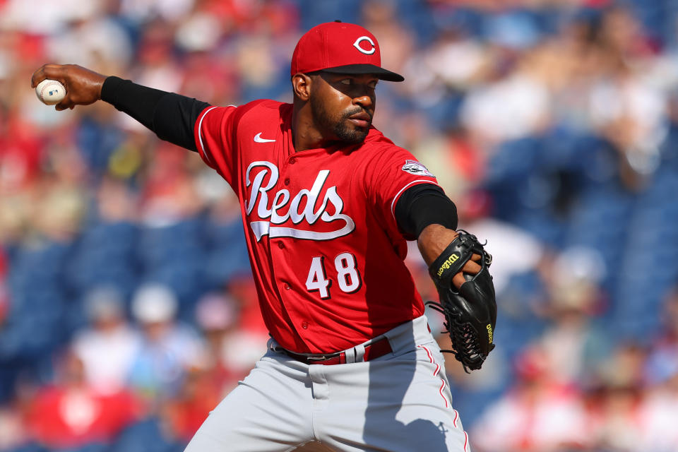 PHILADELPHIA, PA - AUGUST 15: Mychal Givens #48 of the Cincinnati Reds in action against the Philadelphia Phillies during a game at Citizens Bank Park on August 15, 2021 in Philadelphia, Pennsylvania. The Reds defeated the Phillies 7-4. (Photo by Rich Schultz/Getty Images)