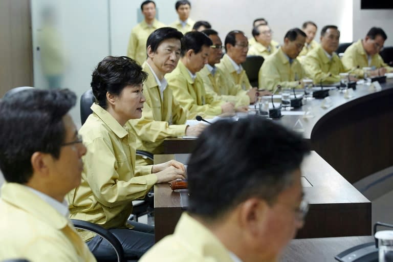 South Korean President Park Geun-Hye (2nd L) attends a meeting of the National Security Council at the presidential Blue House in Seoul, as the annual Ulchi Freedom exercise begins on August 22, 2016