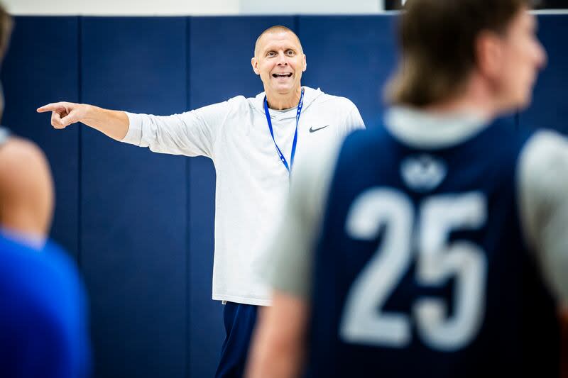 BYU men’s basketball coach Mark Pope looks over practice on the university’s campus on Friday, Aug. 11, 2023.
