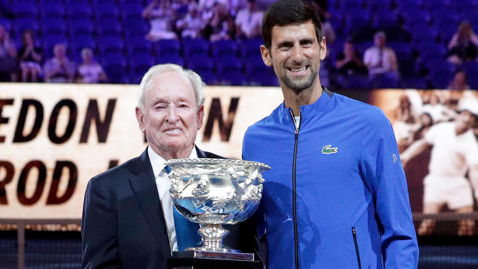 Rod Laver is seen here with Novak Djokovic at the 2019 US Open.