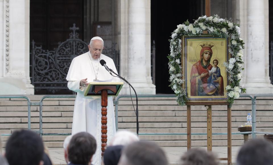 Pope Francis speaks outside the Cathedral of Saint Alexander Nevsky in Sofia, Bulgaria, Sunday, May 5, 2019. Pope Francis is visiting Bulgaria, the European Union's poorest country and one that taken a hard line against migrants, a stance that conflicts with the pontiff's view that reaching out to vulnerable people is a moral imperative. (AP Photo/ Alessandra Tarantino)