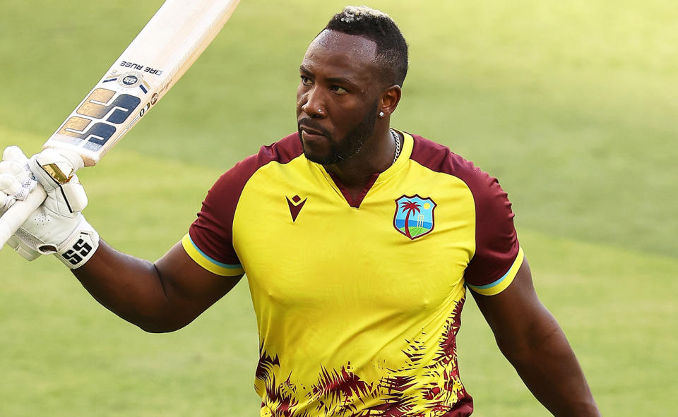Andre Russell, pictured here as the West Indies won the third T20 against Australia. 