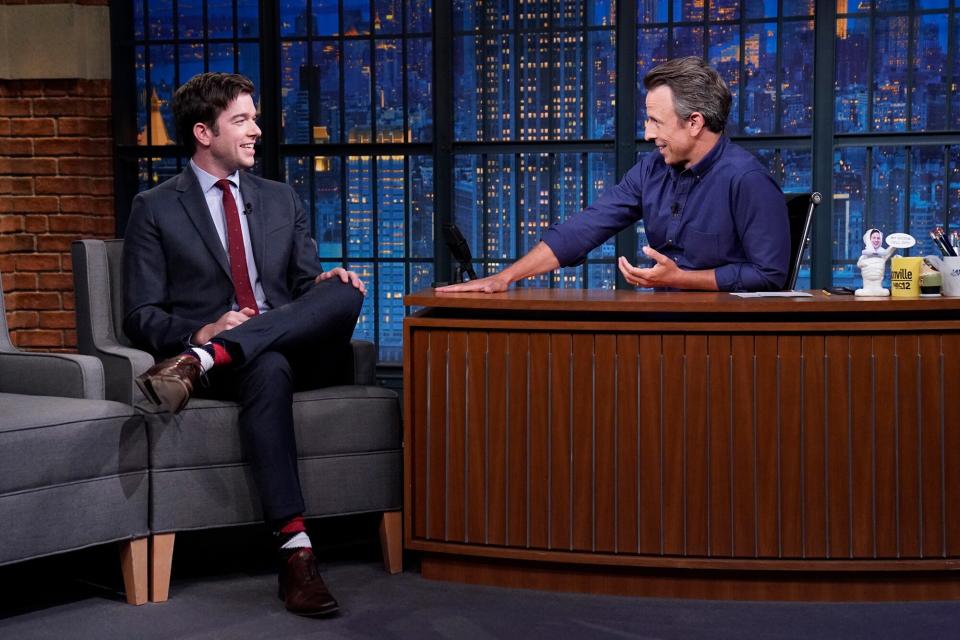 LATE NIGHT WITH SETH MEYERS -- Episode 1187A -- Pictured: (l-r) Comedian John Mulaney during an interview with host Seth Meyers on September 7, 2021