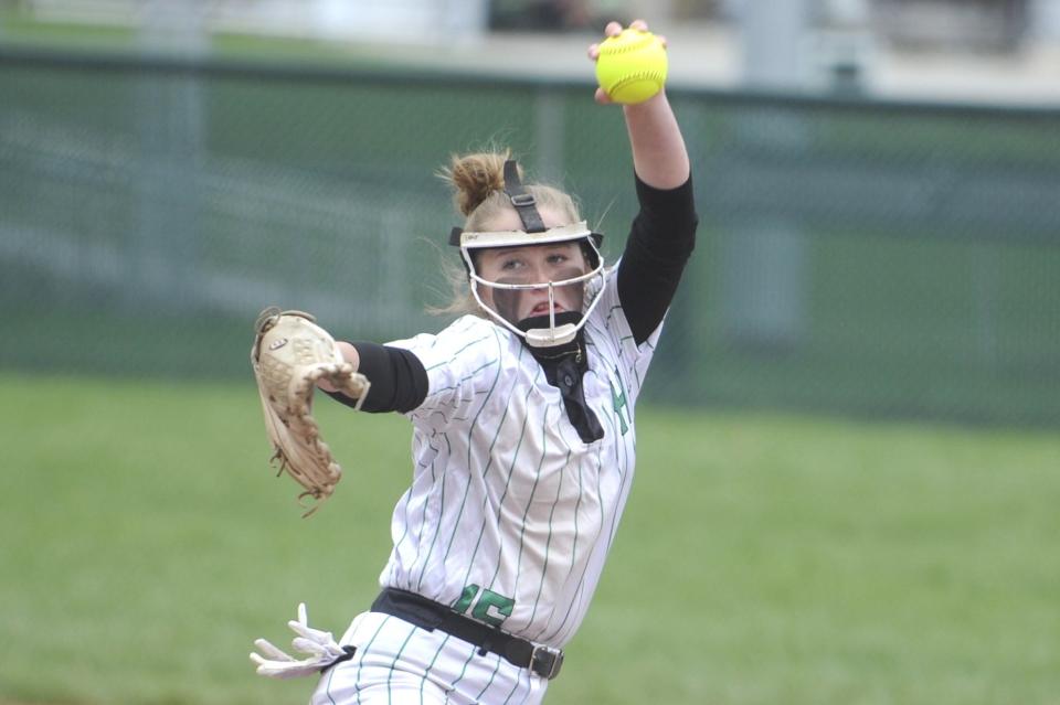 Huntington softball's Mackenzie Paugh (#15) pitches during the Huntsmen's game against the Adena Warriors at Huntington High School on April 5, 2024, in Huntington Township, Ohio. Adena won the game 5-0.