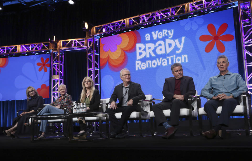 Members of "The Brady Bunch," cast, from left, Maureen McCormick, Eve Plumb, Susan Olsen, Mike Lookinland, Christopher Knight and Barry Williams participate in HGTV's "A Very Brady Renovation" panel at the Television Critics Association Summer Press Tour on Thursday, July 25, 2019, in Beverly Hills, Calif. (Photo by Willy Sanjuan/Invision/AP)