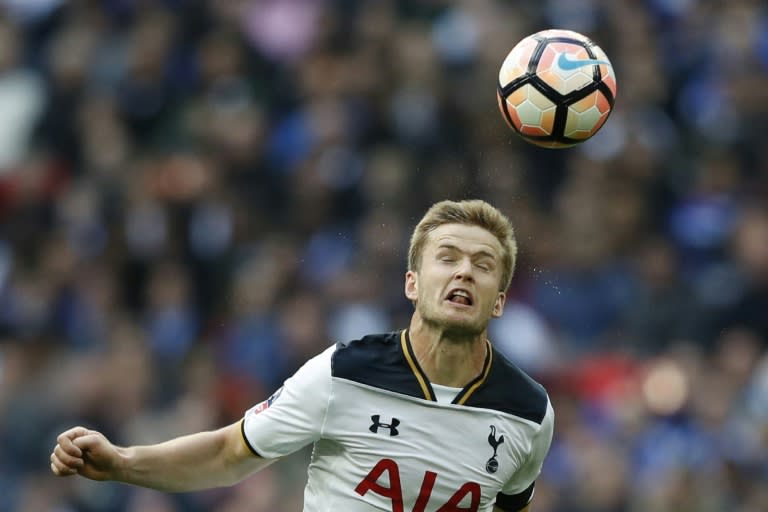 Tottenham Hotspur's Eric Dier heads the ball during their FA Cup semi-final match against Chelsea, at Wembley stadium in London, on April 22, 2017