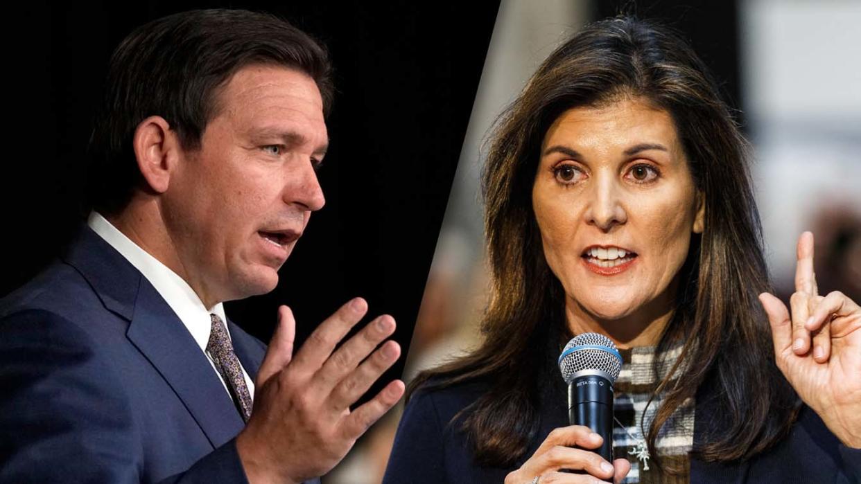 Split screen image of Ron DeSantis and Nikki Haley.