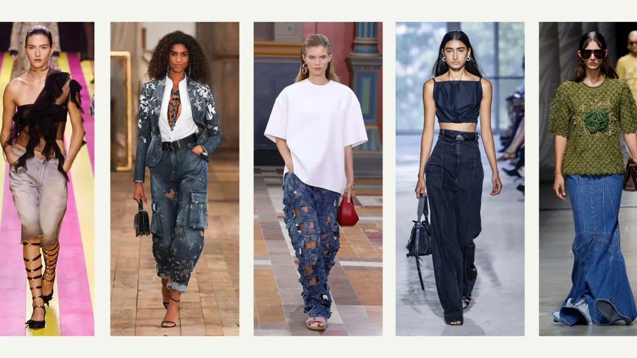 Six images of models coming down the runway wearing the denim trends 2024.