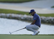 Abraham Ancer, of Mexico, reacts after missing a putt on the 18th hole during the first round of the Hero World Challenge PGA Tour at the Albany Golf Club, in New Providence, Bahamas, Thursday, Dec. 2, 2021.(AP Photo/Fernando Llano)