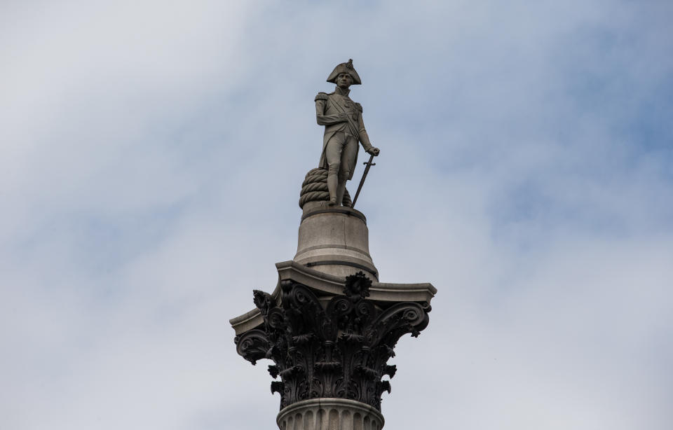 A general view of the statue at the top of Nelson's Column in Trafalgar Square in central London. It was built to commemorate Admiral Horatio Nelson, who died at the Battle of Trafalgar in 1805.