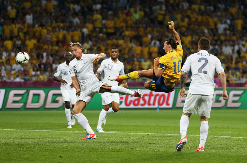 KIEV, UKRAINE - JUNE 19: Zlatan Ibrahimovic of Sweden scores the opening goal during the UEFA EURO 2012 group D match between Sweden and France at The Olympic Stadium on June 19, 2012 in Kiev, Ukraine. (Photo by Julian Finney/Getty Images)