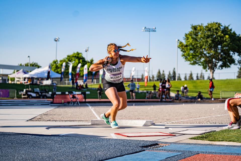 Colorado State track and field athlete Gabi McDonald during the 2023 Mountain West meet. McDonald earned second-team All-American honors in shot put and first-team in discus at the NCAA championships.