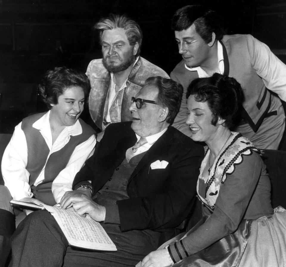 Otto Klemperer, centre, with cast members for his 1961 production of Fidelio: Sena Jurinac, left, Jon Vickers, Dobson and Elsie Morison - Davies/Getty Images