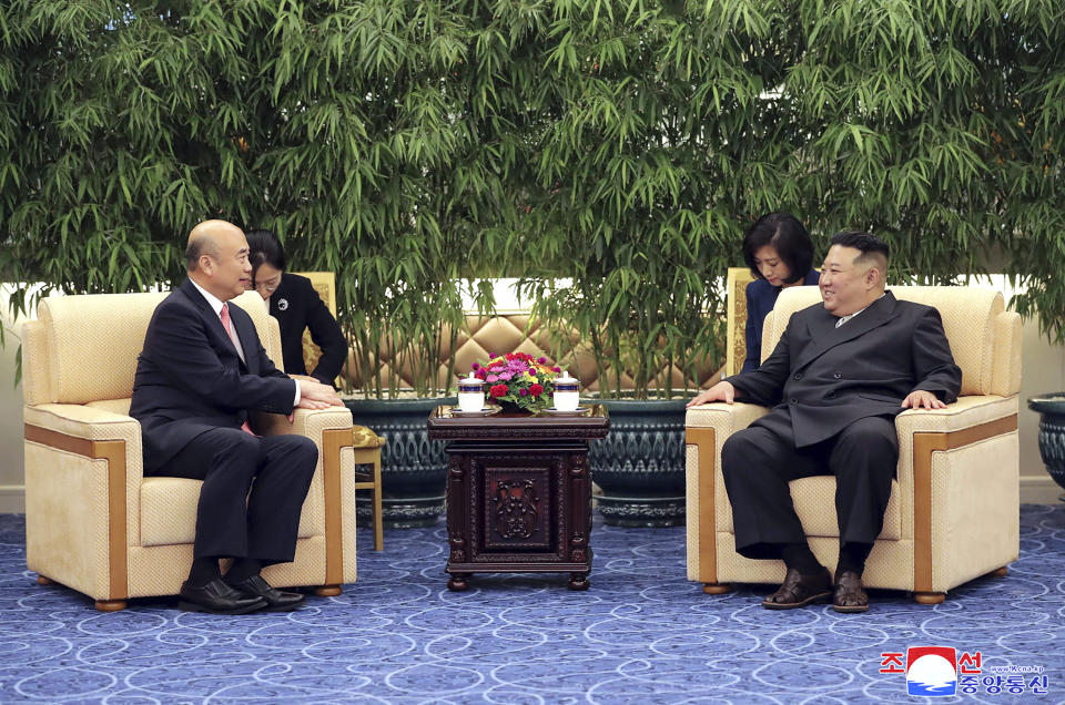 In this photo provided Saturday, Sept. 9, 2023, by the North Korean government, North Korea leader Kim Jong Un, right, meets with Chinese Vice Premier Liu Guozhong in Pyongyang, North Korea, Friday, Sept. 8. Independent journalists were not given access to cover the event depicted in this image distributed by the North Korean government. The content of this image is as provided and cannot be independently verified. Korean language watermark on image as provided by source reads: "KCNA" which is the abbreviation for Korean Central News Agency. (Korean Central News Agency/Korea News Service via AP)