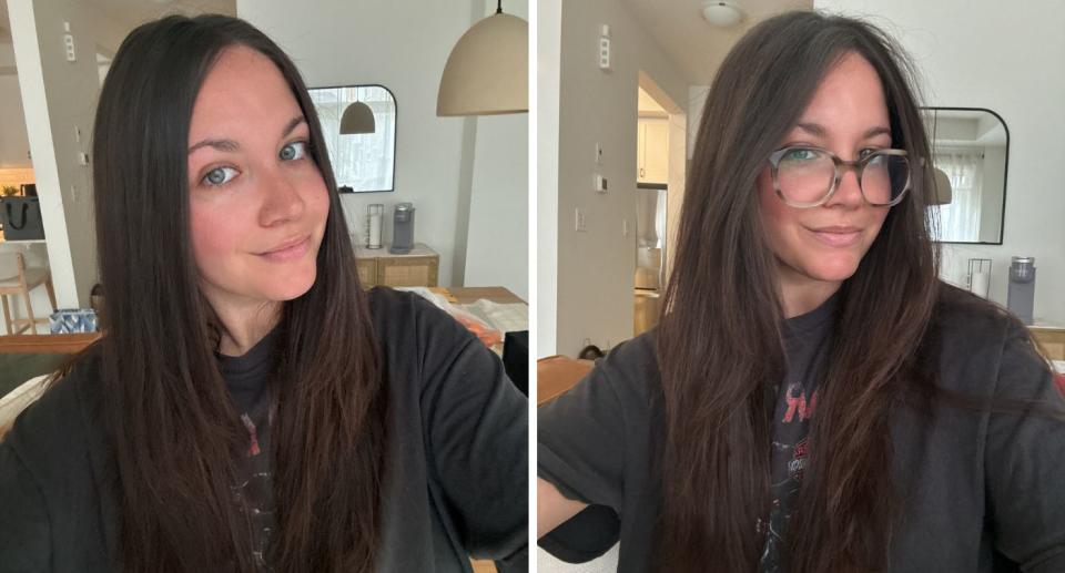 before and after photos of someone using the dae dry shampoo powder