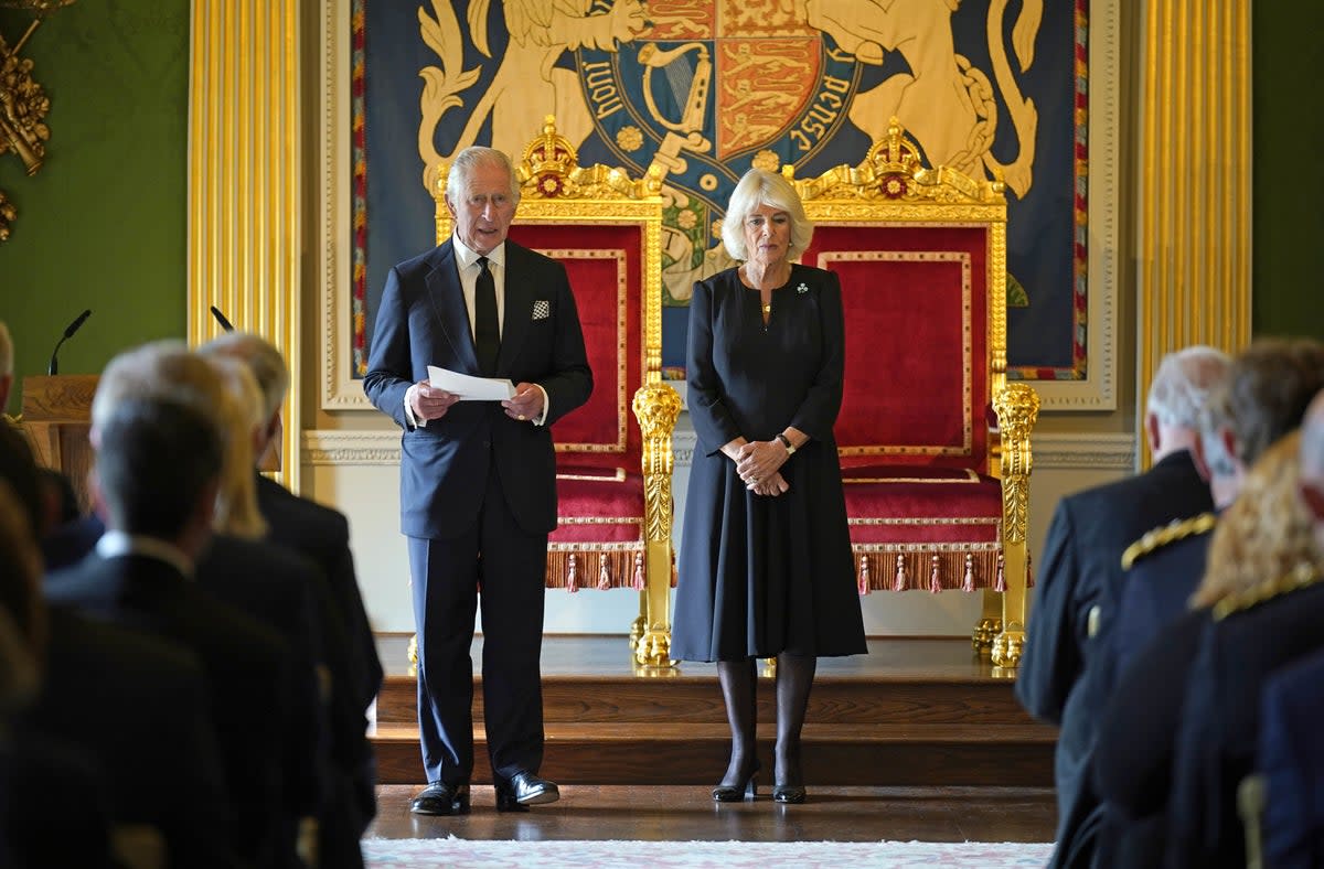 King Charles III, with the Queen Consort, speaking after receiving a message of condolence by Alex Maskey, the Speaker of the Northern Ireland Assembly, at Hillsborough Castle, Co Down (Niall Carson/PA) (PA Wire)