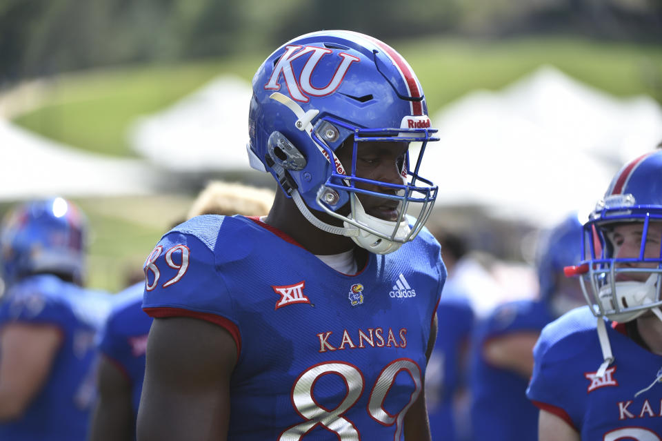 Kansas tight end Mavin Saunders tried to hide a penalty. (Getty Images)