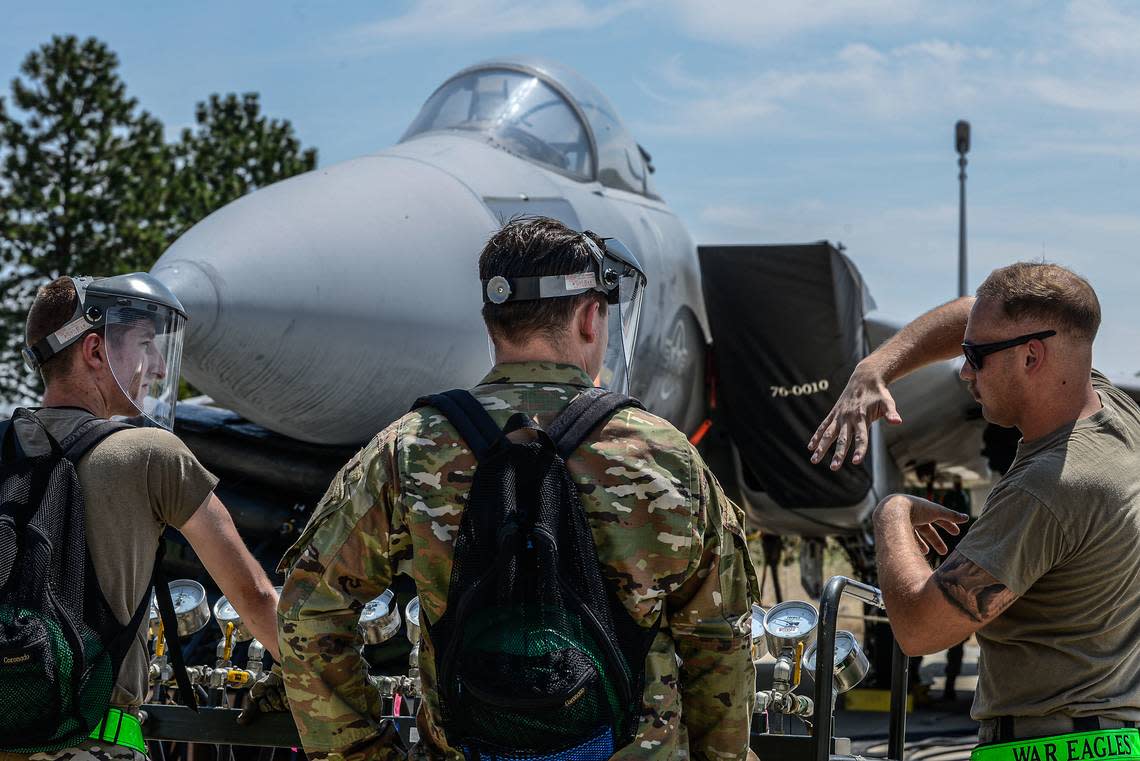 Maintenance and support personnel in the Air Force’s 366th Fighter Wing, based at Mountain Home Air Force Base, undergo crash-recovery training on Aug. 1. Housing costs have outstripped the off-base housing allowances many airmen need, a 366th Fighter Wing leader says.