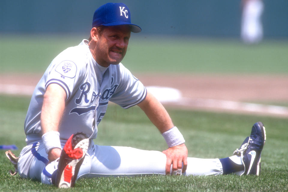 BALTIMORE, MD - MAY 02: George Brett #5 of the Kansas City Royals warms up before a baseball game against the Baltimore Orioles on May 2, 1993 at Oriole Park at Camden Yards in Baltimore, Maryland. (Photo by Mitchell Layton/Getty Images)