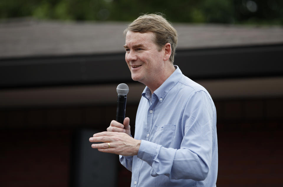 FILE - In this Aug. 11, 2019, file photo, Democratic presidential candidate Sen. Michael Bennet, D-Colo., speaks at the Iowa State Fair in Des Moines, Iowa. If there’s a place where Democrat Michael Bennet’s low-key approach to the presidential contest would resonate, it would seem to be Iowa. But even here, the Colorado senator is running into the realities of modern campaigning, where the candidate with the best zinger or a viral tweet often gets top billing. He insists he won’t change. (AP Photo/John Locher, File)