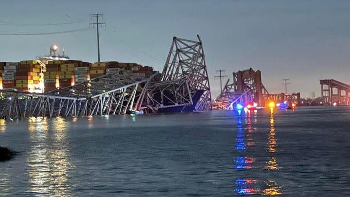 The Francis Scott Key Bridge collapsed after the Singapore-flagged MV Dali container ship slammed into the bridge on Tuesday Morning. (Photo: Harford County Maryland Fire and EMS)