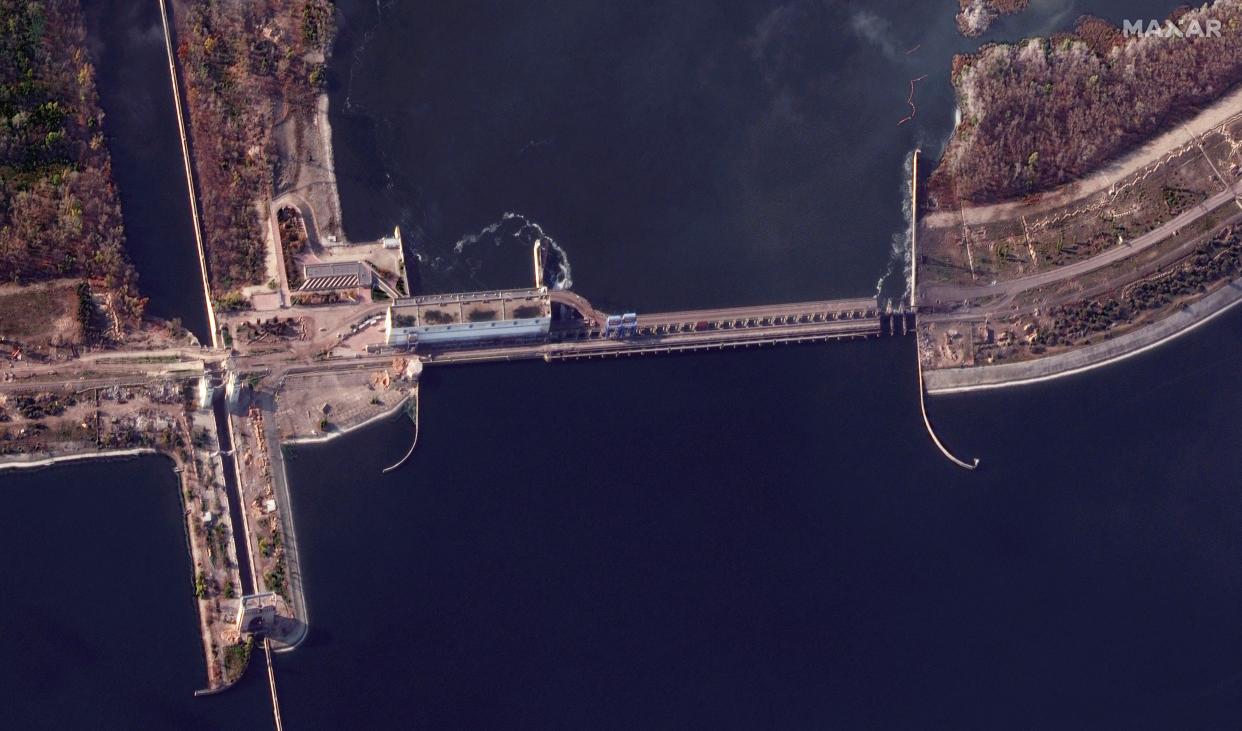 A satellite image shows an overview of Nova Kakhovka dam in Kherson (via REUTERS)