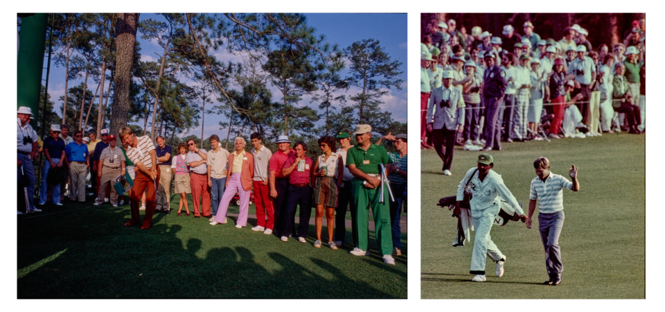 LEFT: Ben Crenshaw hits ball out of rough at the Augusta National Golf Course during the 1984 Masters. RIGHT: Crenshaw and a caddie walk to the next shot.
