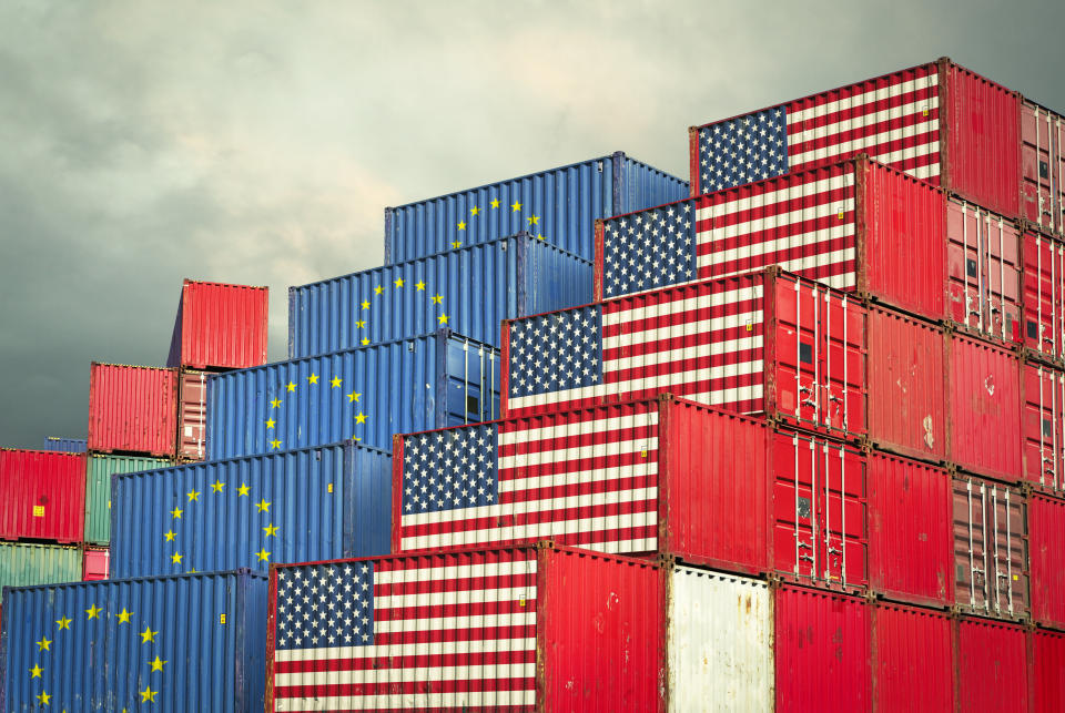 European Union and United States cargo containers reflecting trade war and restrictions in export and import