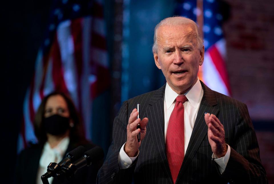 President-elect Joe Biden speaks after a meeting with governors in Wilmington, Delaware, on Thursday. Biden said today he would not order a nationwide shutdown to fight the COVID-19 pandemic despite a surge in cases.