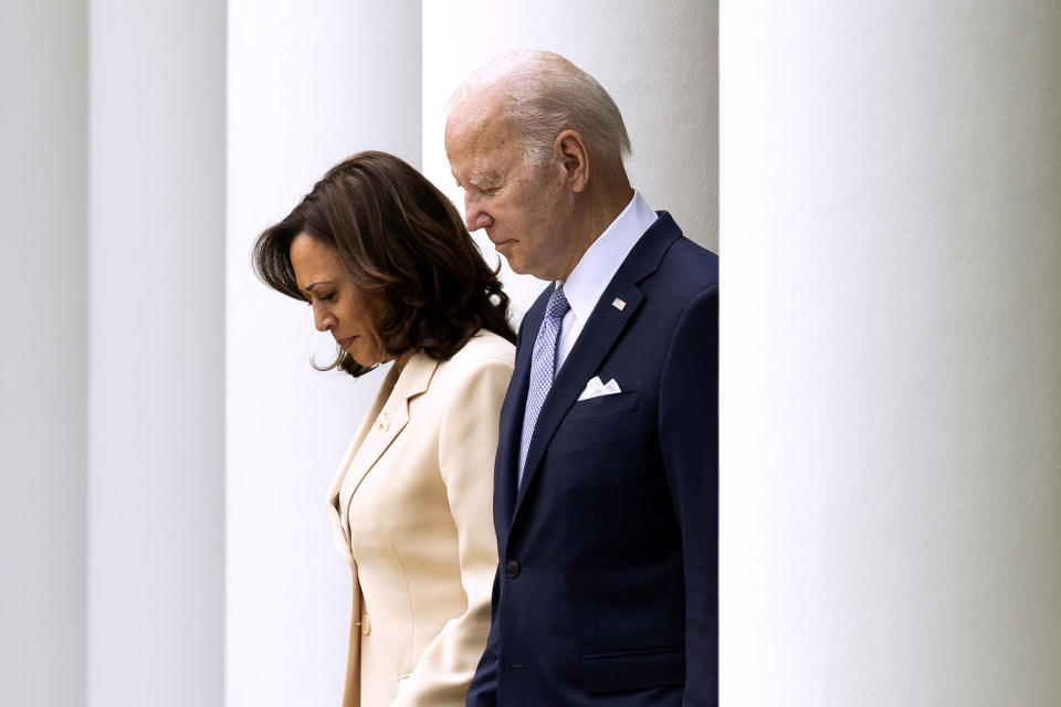 Vice President Kamala Harris and President Joe Biden arrive to the Rose Garden at the White House in 2023. (Michael Reynolds / Bloomberg via Getty Images)