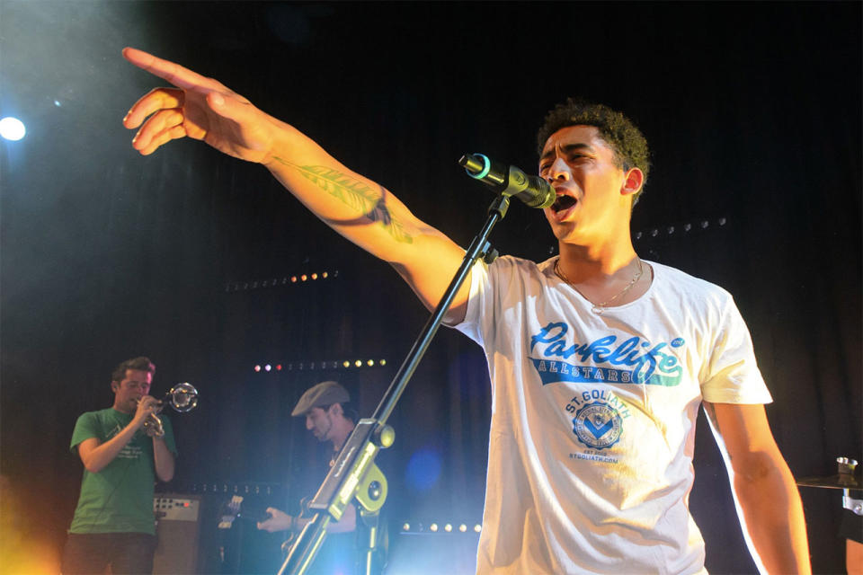Jordan Stephens of Rizzle Kicks performs at a Capital FM gig at the Hippodrome Casino, in central London 2013. Credit: Press Association