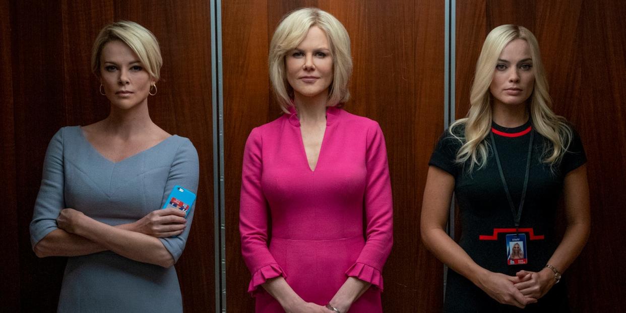 This image released by Lionsgate shows Charlize Theron, from left, Nicole Kidman and Margot Robbie in a scene from 