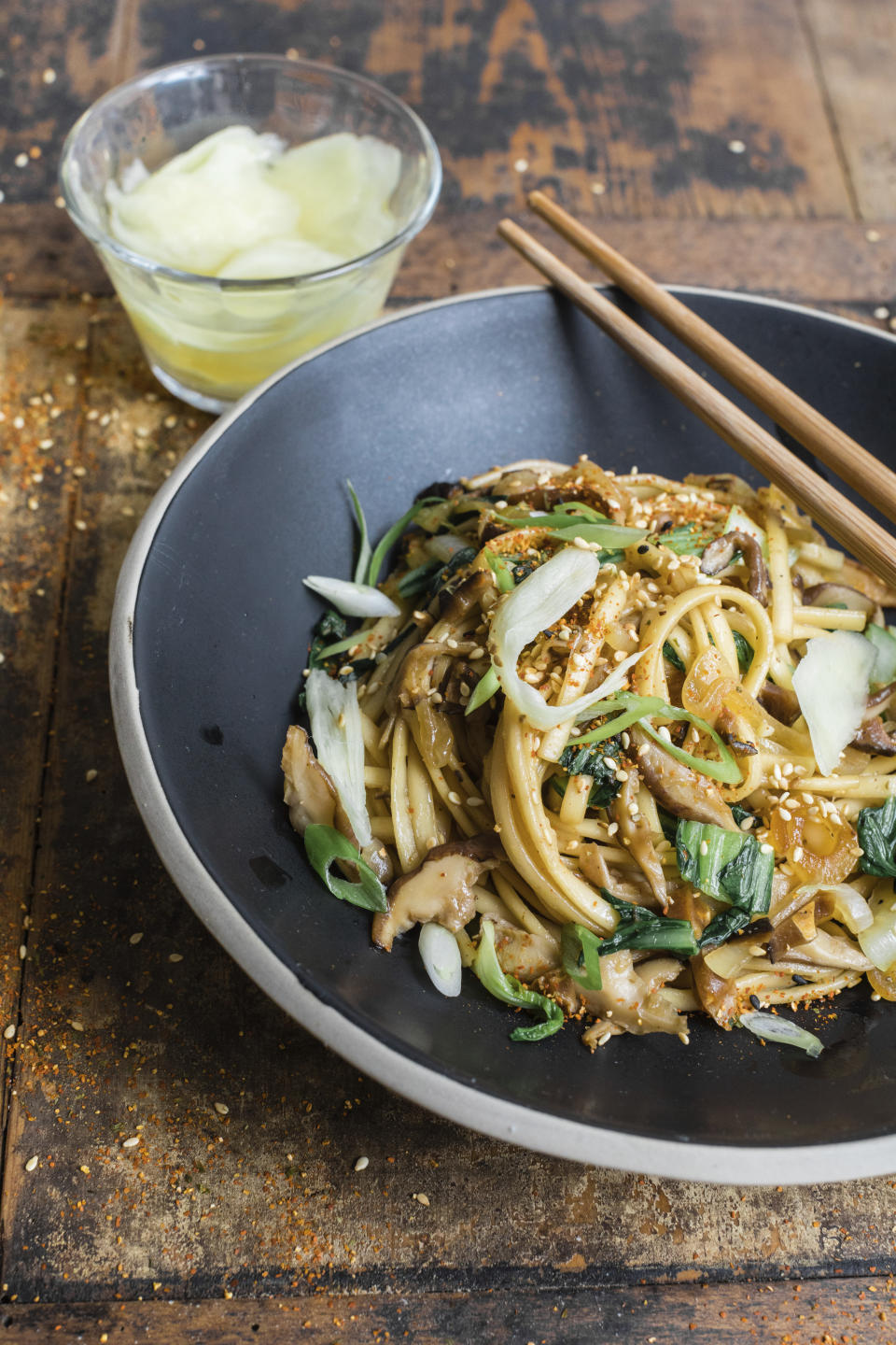 This image released by Milk Street shows a recipe for Yakiudon with Pickled Ginger. (Milk Street via AP)