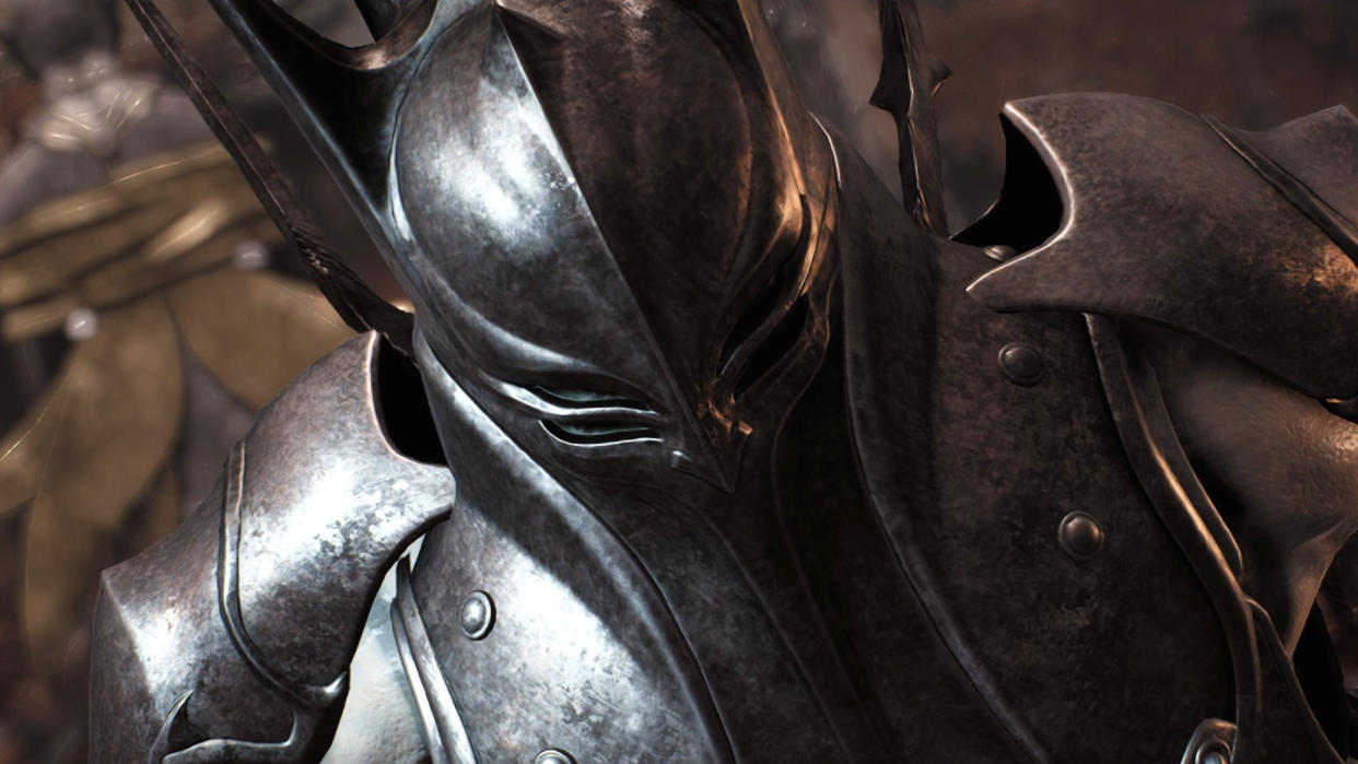  A heavily armoured knight, Bruin, stares viciously through their heavy metal helm at the player. Menacingly. 