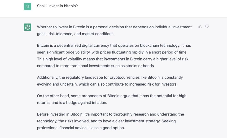 Respuesta de ChatGPT a la pregunta: ¿Debería invertir en bitcoins?