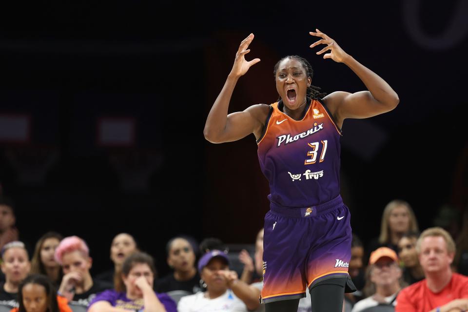 Tina Charles #31 of the Phoenix Mercury reacts to a foul call during the first half of the WNBA game at Footprint Center on June 10, 2022, in Phoenix, Arizona.