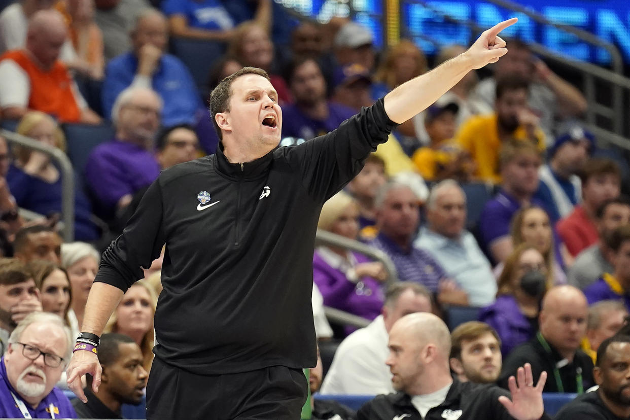 LSU head coach Will Wade calls a play against Arkansas during the second half of an NCAA men's college basketball Southeastern Conference tournament game Friday, March 11, 2022, in Tampa, Fla. (AP Photo/Chris O'Meara)