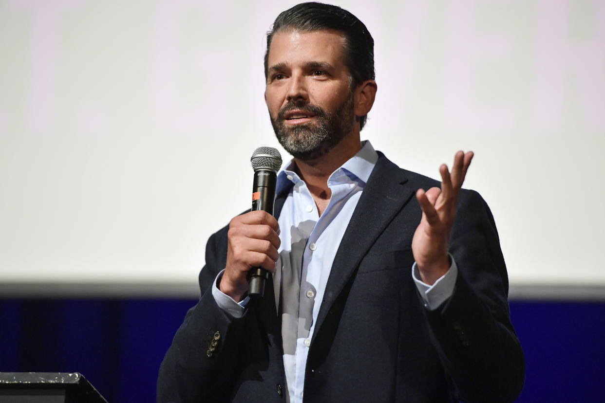 FILE - Donald John Trump Jr. speaks during a political rally on Sept. 22, 2021, in Marietta, Ga. As a mob overran the U.S. Capitol last January, some of Donald Trump’s highest-profile defenders in the media — and even his own son — sent urgent text messages to the White House chief of staff urging him to get the then-president to do more to stop the violence. (AP Photo/Mike Stewart, File)