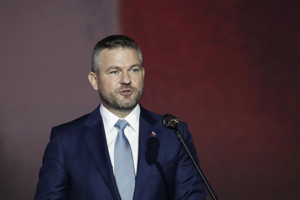 FILE - Slovak Prime Minister Peter Pellegrini delivers a speech at the National Museum in Prague, Czech Republic, on Nov. 17, 2019. Chairman Pellegrini leads his Hlas (Voice) party to the upcoming early elections that are held in Slovakia on Oct. 30, 2023. (AP Photo/Petr David Josek, File)