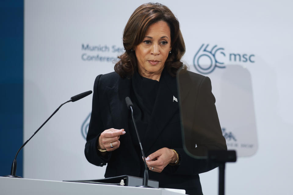 Vice President Kamala Harris speaks at the Munich Security Conference in Munich Friday.