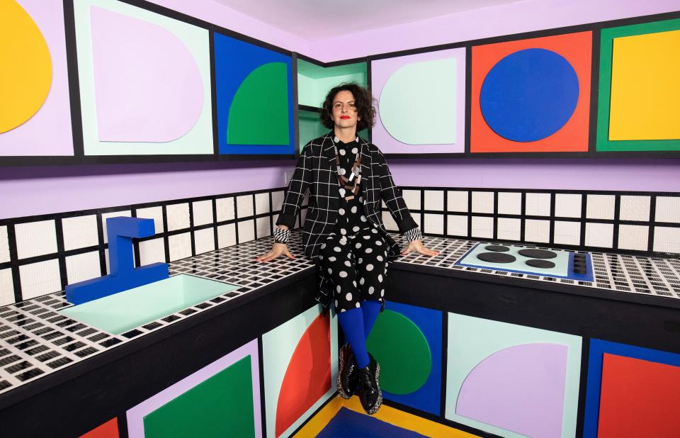 Camille’s work is informed by a slew of artistic references: the abstraction of Mondrian, the pop postmodernism of Ettore Sottsass and the Memphis movement, and high-impact Op Art from Victor Vasarely and Bridget Riley.