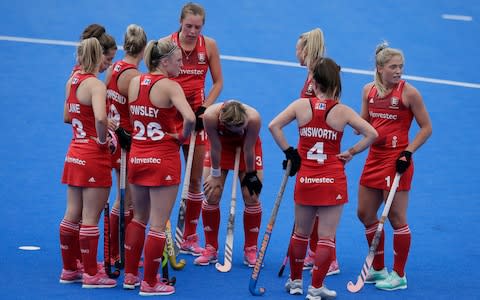 England players look dejected after India scored a goal during the group stage match between England and India in the Women's Hockey World Cup at the at the Lee Valley Hockey and Tennis Centre in London, Saturday July 21, 2018. - Credit: AP