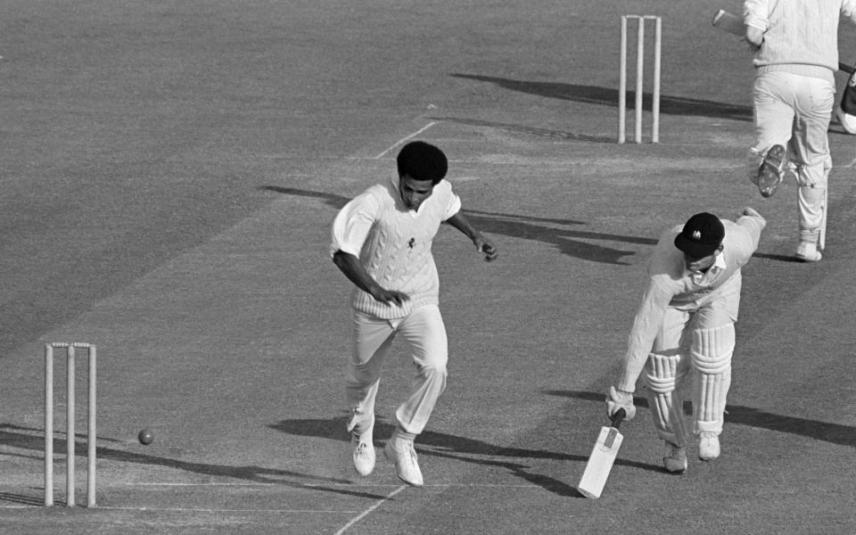 Hobbs the batsman just makes his crease as Bernard Julien tries to kick the ball on to the stumps during the Kent v Essex Benson & Hedges Cup match at Canterbury in 1973