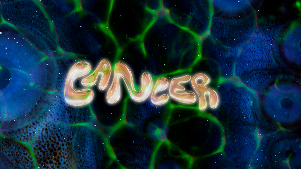 the word cancer, referring to the zodiac sign, in bubble letters over a blue and green background