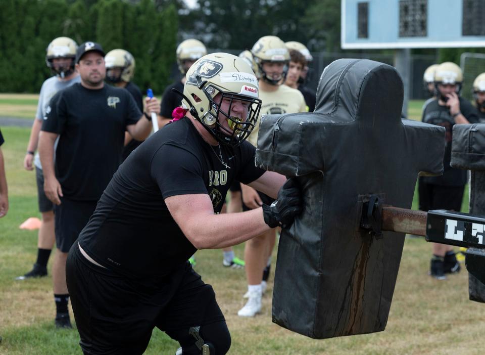 Lineman Cole Skinner does drills in practice. Point Pleasant Borough High School football practice for upcoming 2022 season on July 26, 2022 in Point Pleasant NJ. 